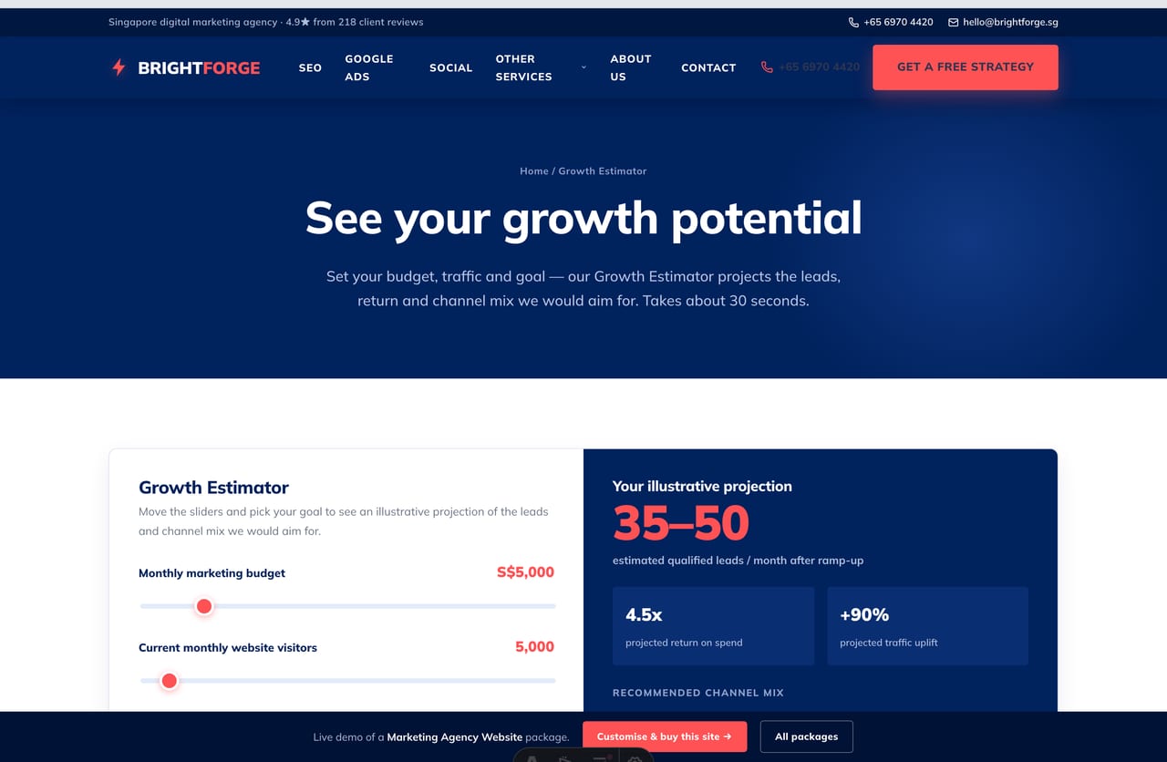 Interactive Growth Estimator tool projecting leads, ROI and channel mix on a Singapore marketing-agency website