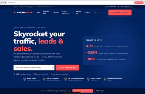 Digital marketing agency website homepage demo — navy hero, lead-qualifier dropdown, red CTA and award laurels (Singapore)