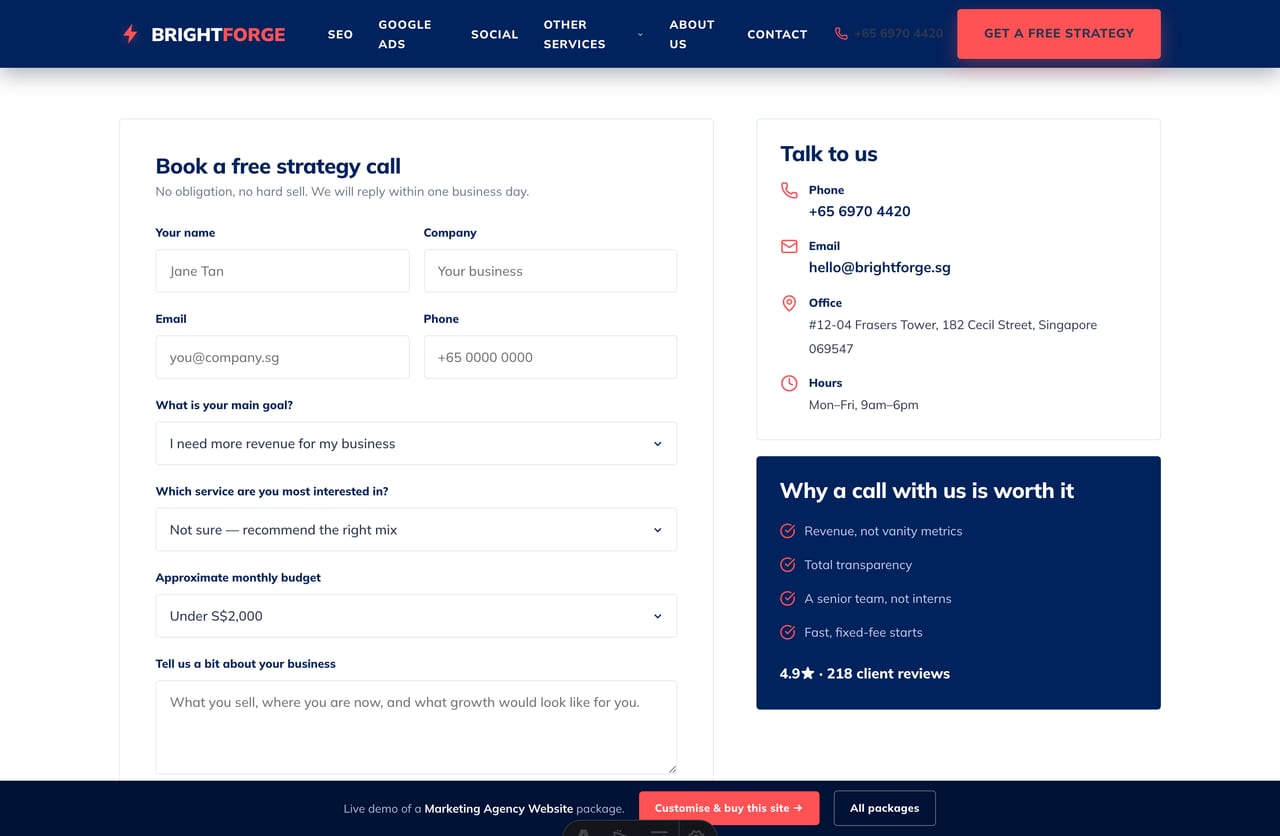 Multi-field lead-qualifier form capturing goal, service and budget on a Singapore marketing-agency website