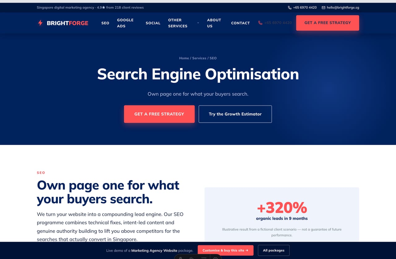 Single service detail page (SEO) on the Brightforge marketing-agency website with deliverables and a result stat