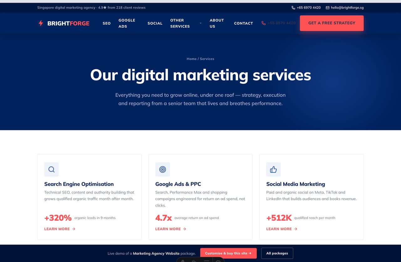 Services overview page for a Singapore digital marketing agency website — SEO, Google Ads, social, web, content and CRO