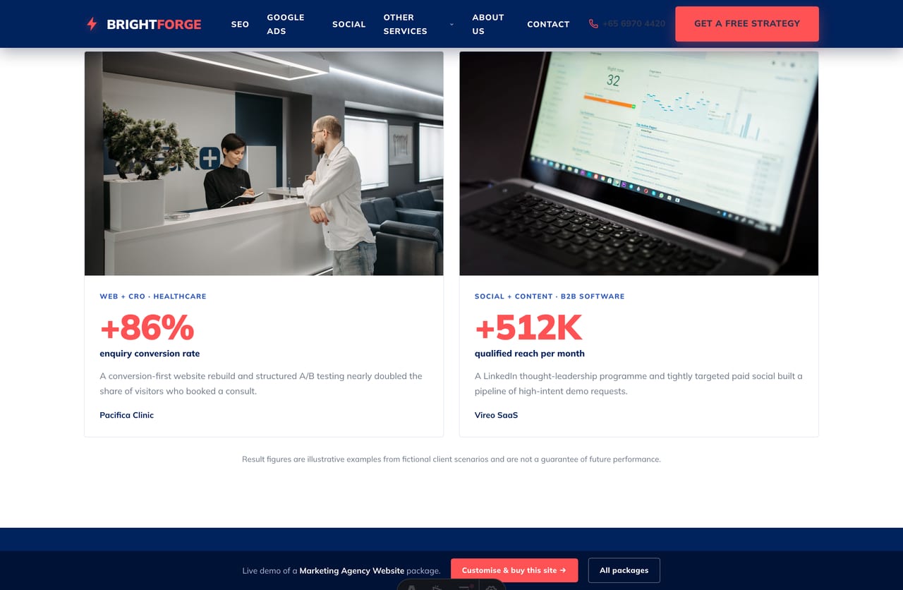 Why-choose-us value props and award laurels on the Brightforge marketing-agency website demo