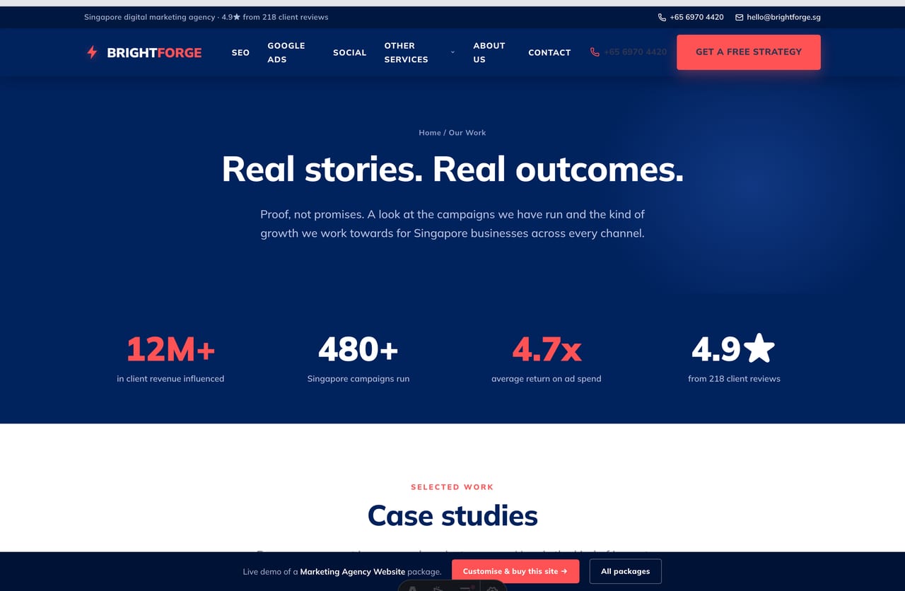 Case-study and results page on the Brightforge marketing-agency website demo with big result figures