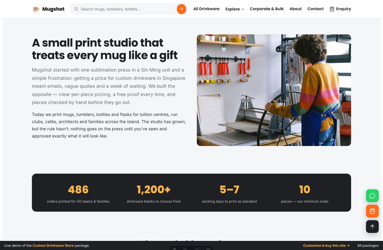 About / studio story page on the Mugshot Singapore drinkware printer