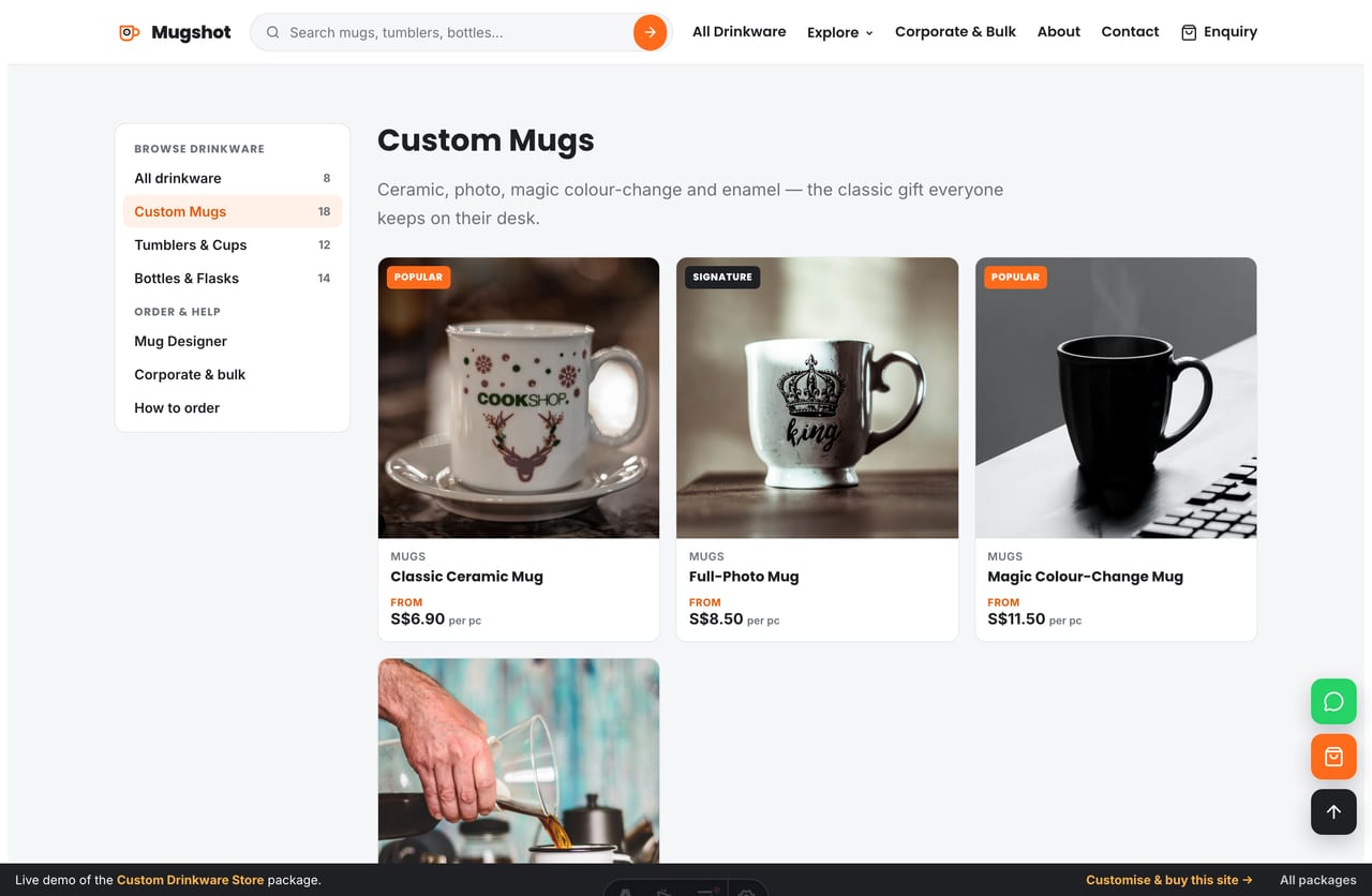 Custom mugs collection page with From-price product cards on the Mugshot Singapore store