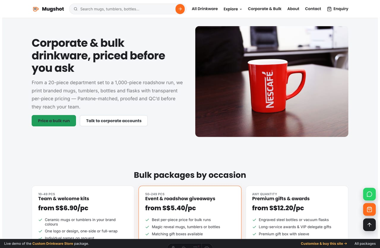 Corporate and bulk drinkware page with volume packages on the Mugshot Singapore store