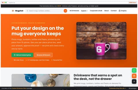 Mugshot custom drinkware store homepage demo — tangerine hero and per-piece priced product grids (Singapore)