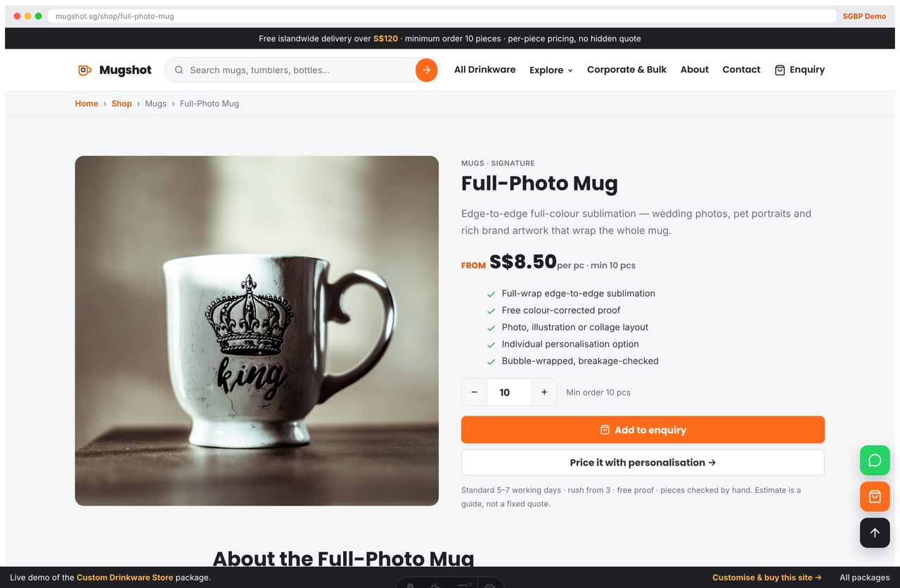 Product page with gallery, quantity stepper and add-to-enquiry on the Mugshot drinkware store