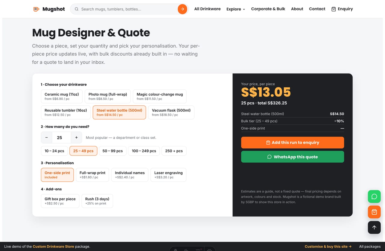 Mug Designer and Quote tool showing a live per-piece price with bulk tiers on a Singapore drinkware store