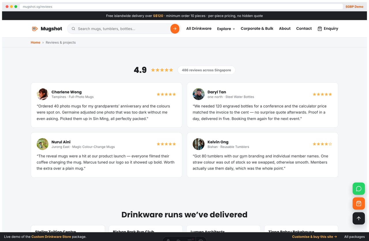 Reviews and recent projects page on the Mugshot custom drinkware store website