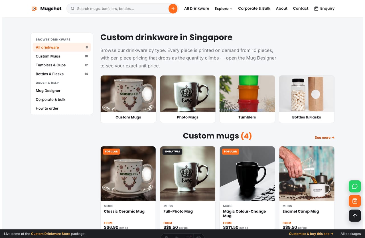 Shop page with sidebar category nav and a filterable drinkware grid on a Singapore custom-mug store