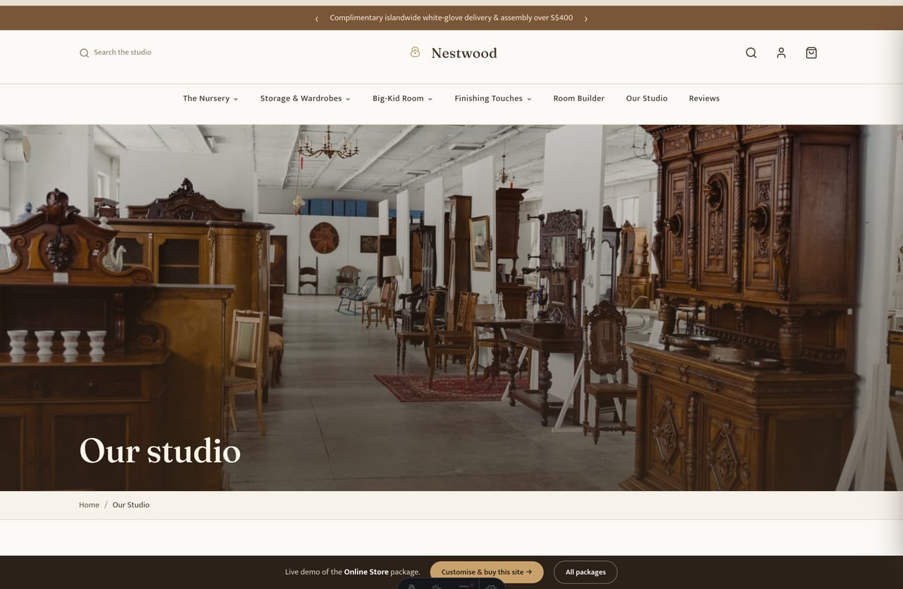 About and studio-story page for a Singapore nursery furniture brand