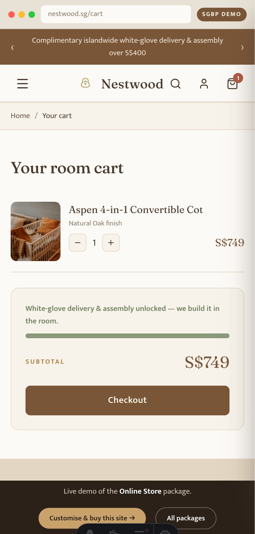 Slide-out cart drawer with a free white-glove delivery progress bar on the Singapore furniture store