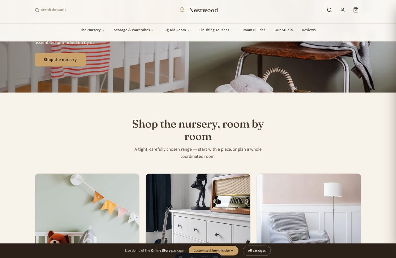 Shop-by-room category tiles for a Singapore nursery furniture store — cots, dressers, gliders, wardrobes, kids beds and decor