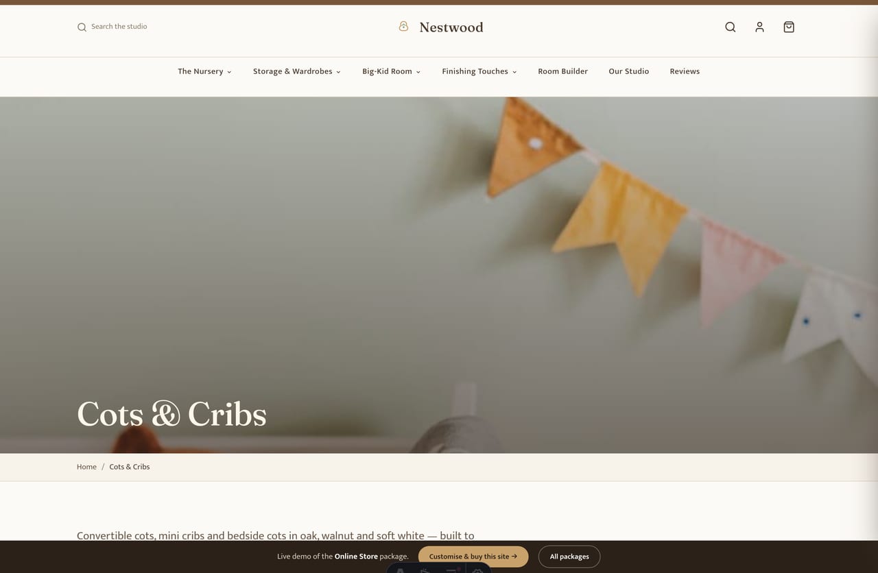 Cots & cribs collection page with finish swatches and SGD pricing on the Nestwood furniture store demo