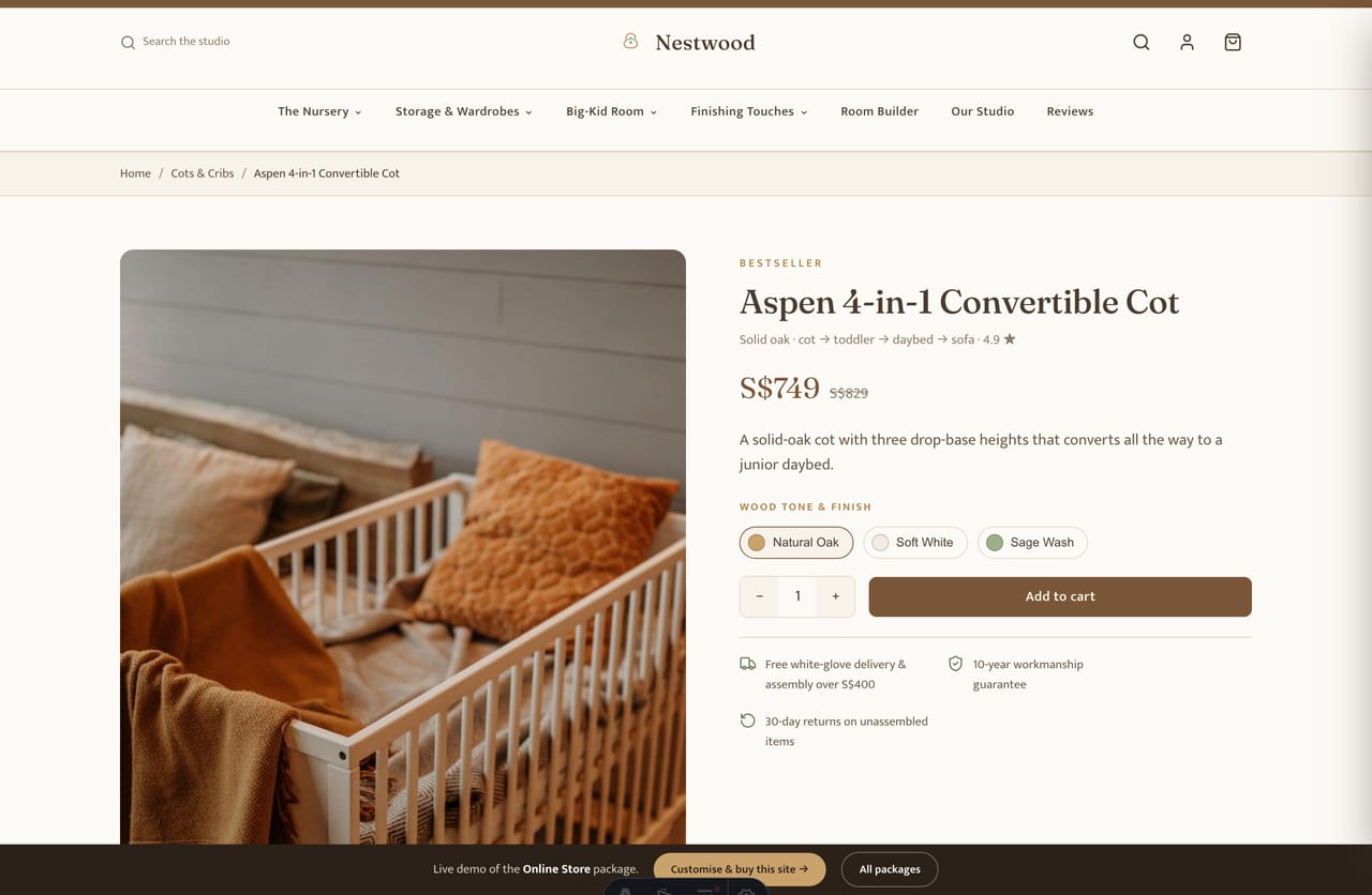 Nursery furniture product detail page with gallery, wood-tone finish selector, specs and add-to-cart