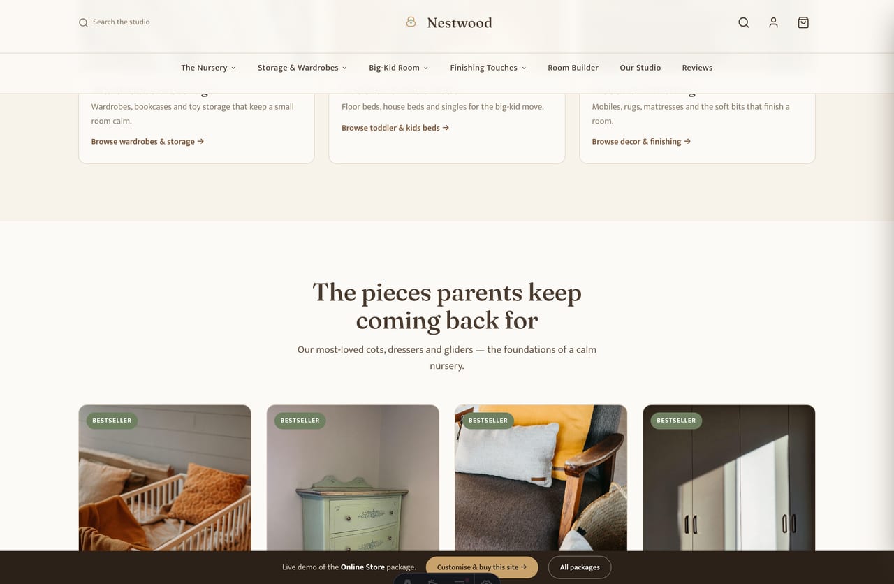 Coordinated nursery room sets on the Nestwood furniture store homepage