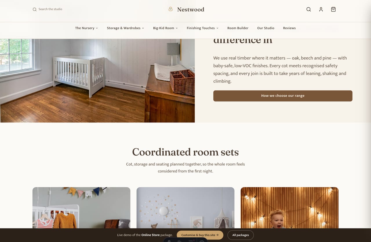Safety-tested, solid-wood and white-glove delivery assurance strip on a nursery furniture store homepage