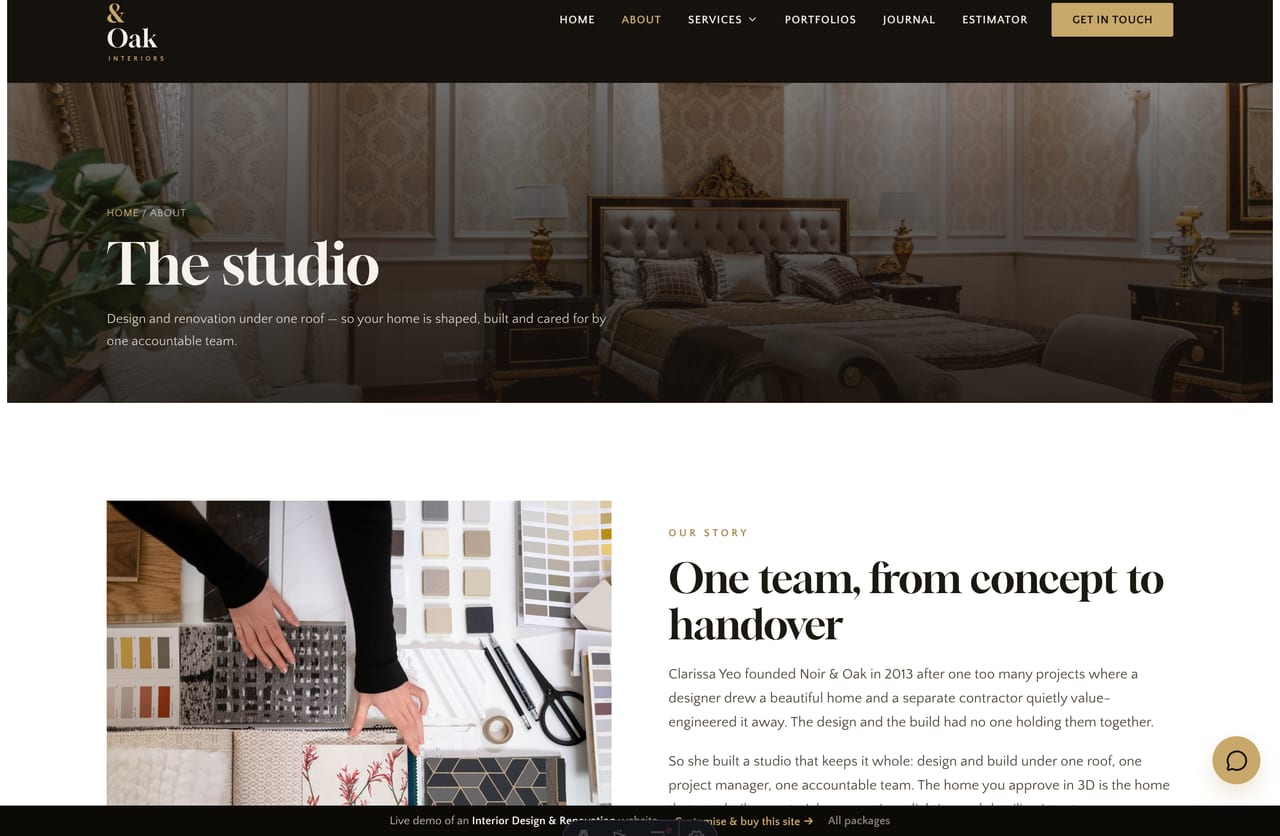 The About page for a Singapore interior-design studio — founder story, stats band, the studio team and partners