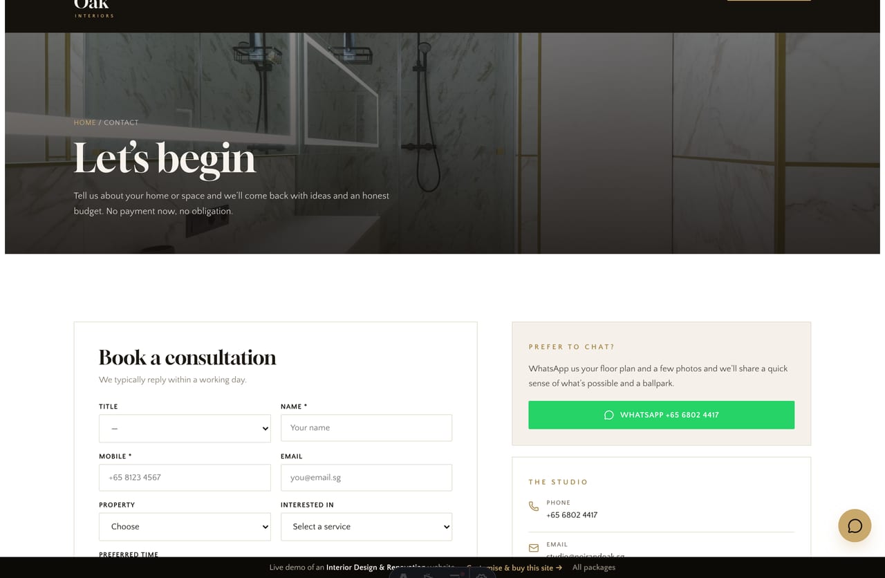 Book-a-consultation page on the Noir & Oak demo — a PDPA-aware enquiry form with property type, service and time