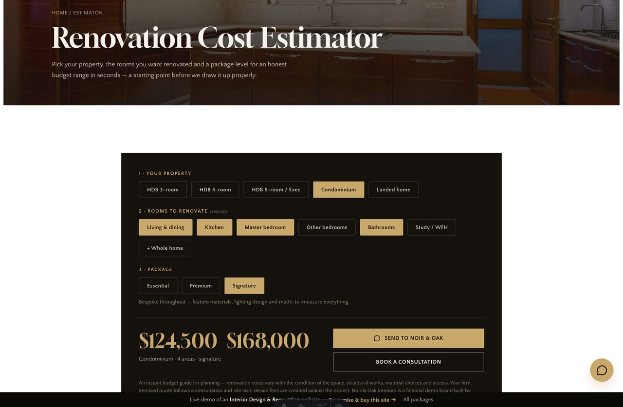 Renovation Cost Estimator result on a Singapore interior-design site — a live budget range from property, rooms and package, with a WhatsApp CTA