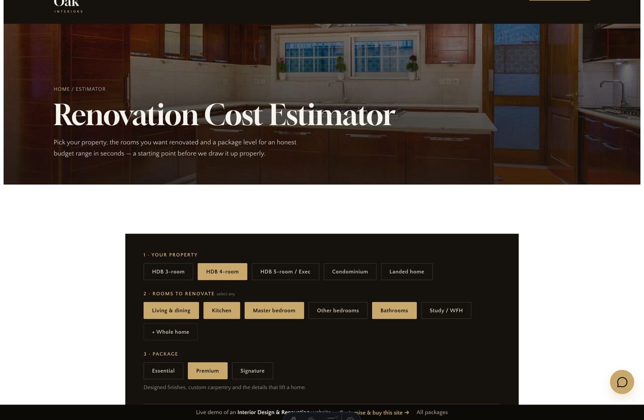 The interactive Renovation Cost Estimator on the Noir & Oak demo — pick property, rooms and a package for a budget range