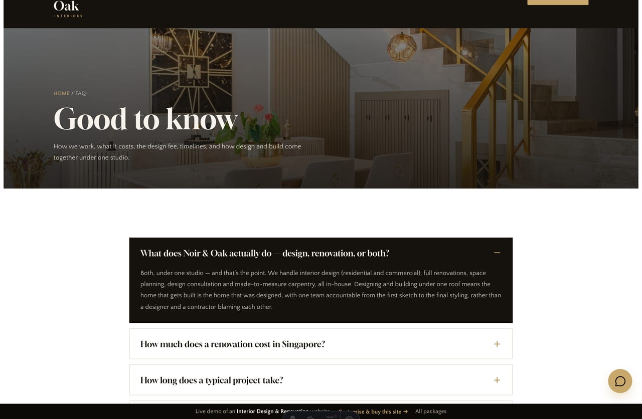 FAQ page on the Noir & Oak demo — an accordion whose active item is a dark card