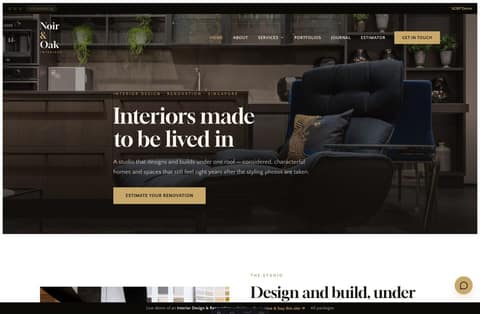 Noir & Oak interior design Singapore website homepage demo — a dark editorial site with a full-bleed interior hero and Gloock serif headings