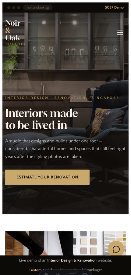 The Noir & Oak interior-design website on mobile — the dark editorial hero at 430px