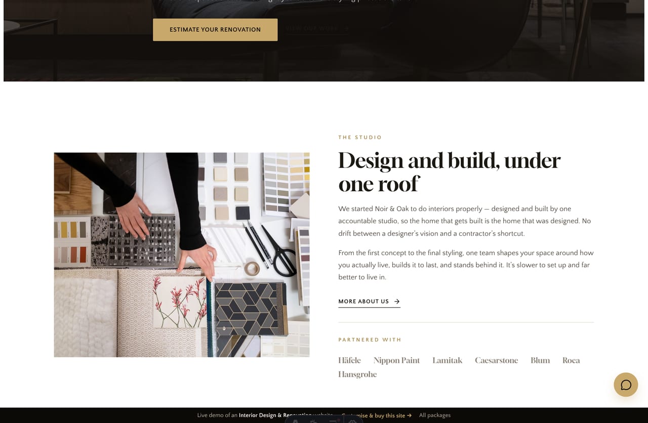 The partners and about-block on the Noir & Oak demo — a PARTNERED WITH brand list in serif
