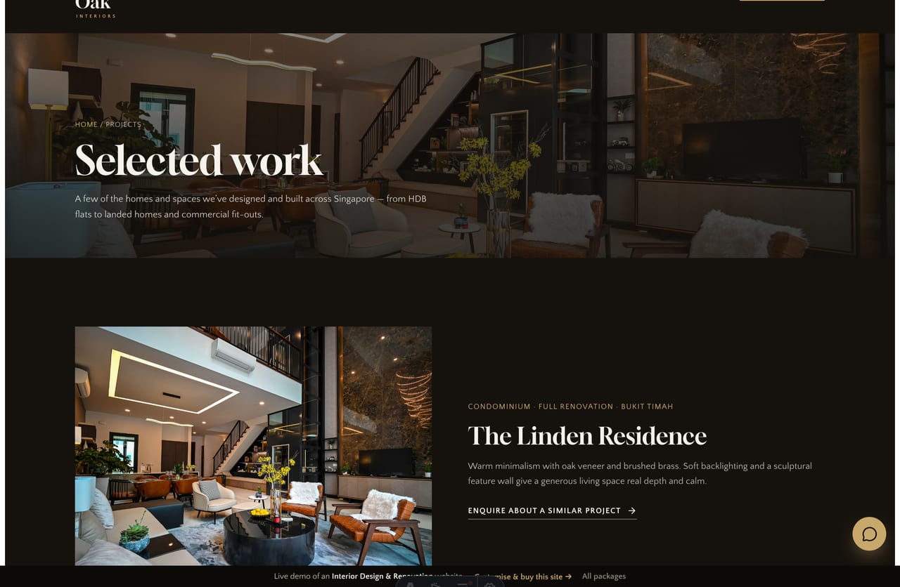Projects page on the Noir & Oak demo — an editorial showcase of Singapore interiors with serif titles and gold meta labels