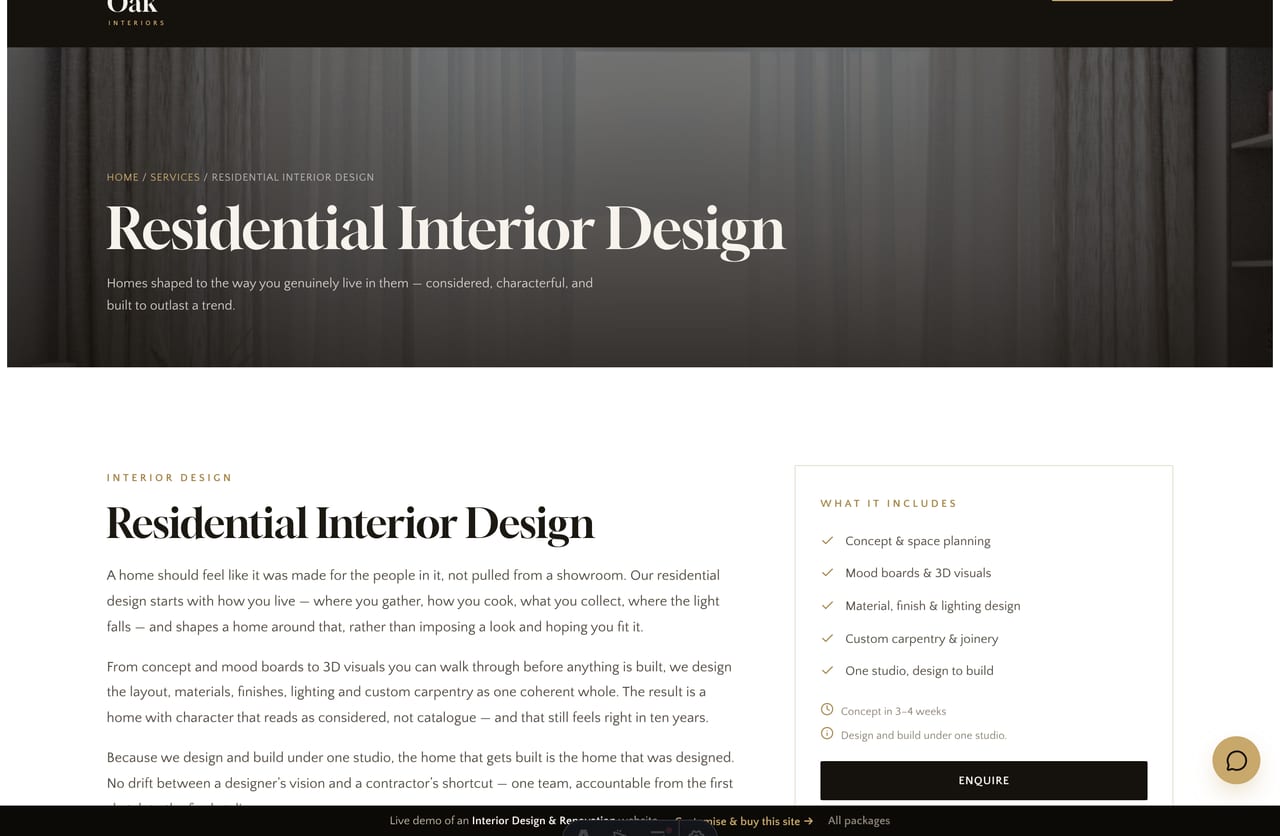 A service detail page on the Noir & Oak demo — a dark photo banner, a serif-H2 article and quality bars