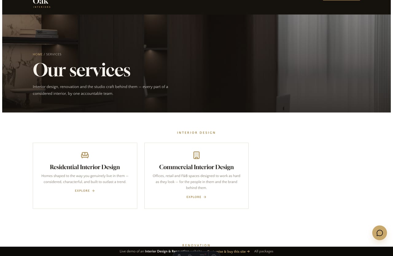 Services page on the Noir & Oak demo — interior design, renovation, consultation, space planning and carpentry as serif-titled cards