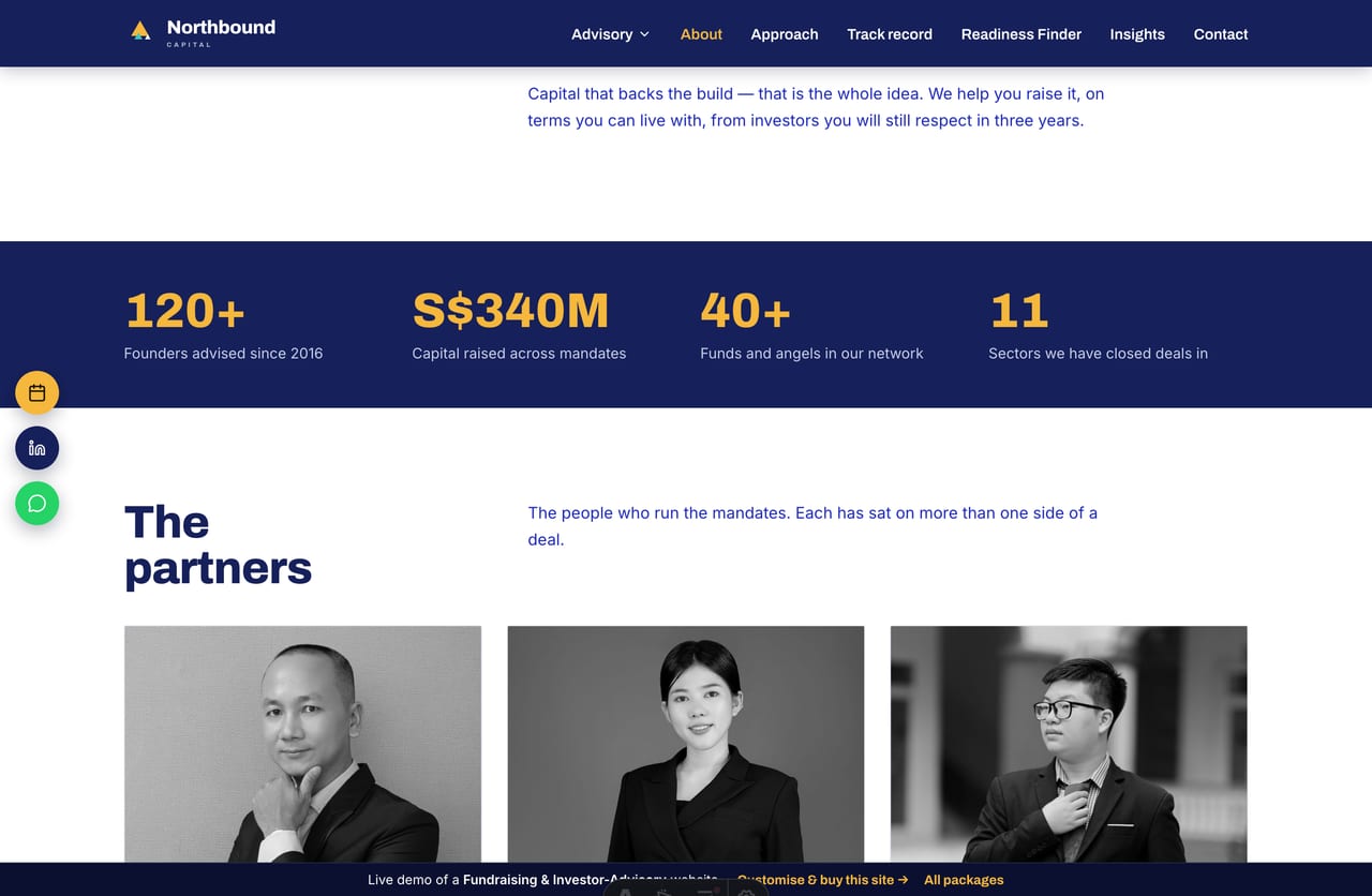 About and partners page on a Singapore investor-advisory firm website