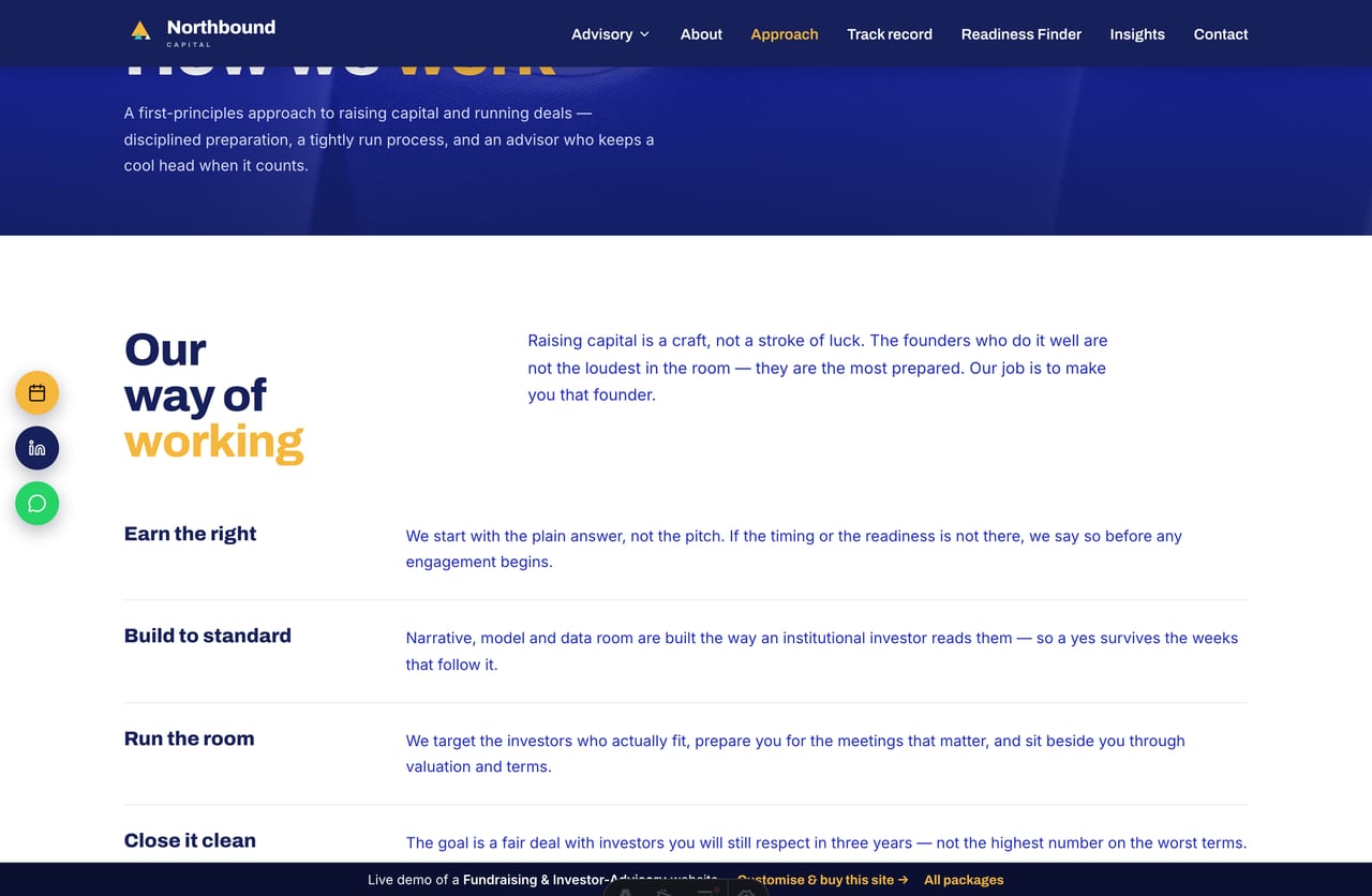 Approach page with two-column process rows on a fundraising-advisory firm website