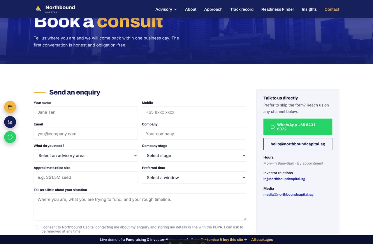 Consult-booking enquiry form on a Singapore corporate-finance advisory website