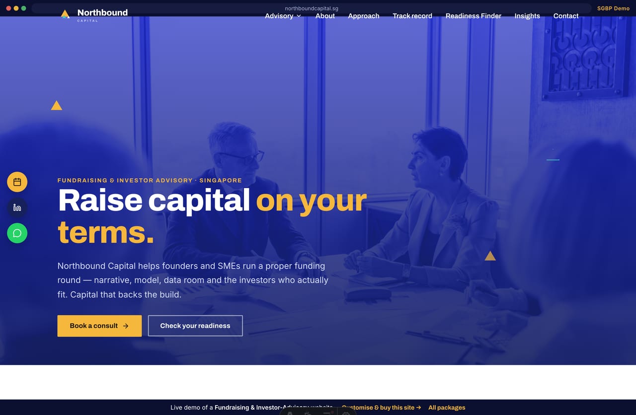 Northbound Capital fundraising & investor-advisory website homepage demo — duotone boardroom hero (Singapore)