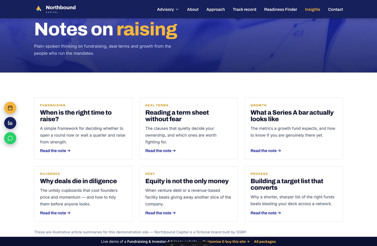 Insights hub on a fundraising-advisory website with fundraising and deal-term notes