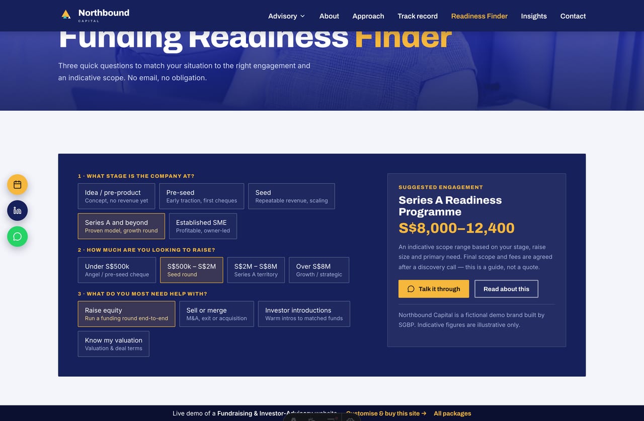 Funding Readiness Finder live result with matched engagement and indicative scope