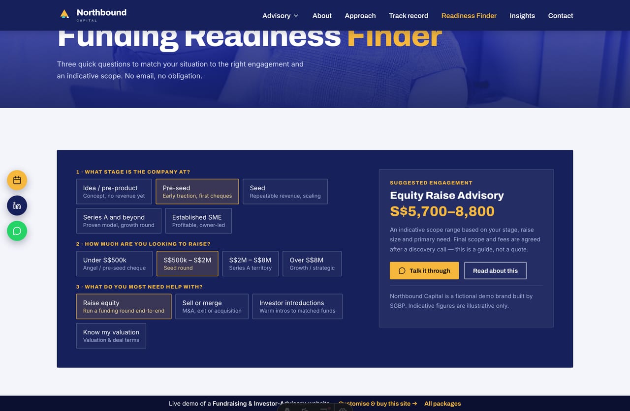 Funding Readiness Finder interactive tool on a Singapore investor-advisory website
