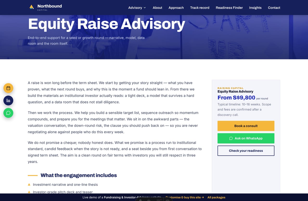 Single advisory engagement detail page with indicative scope on a fundraising firm website