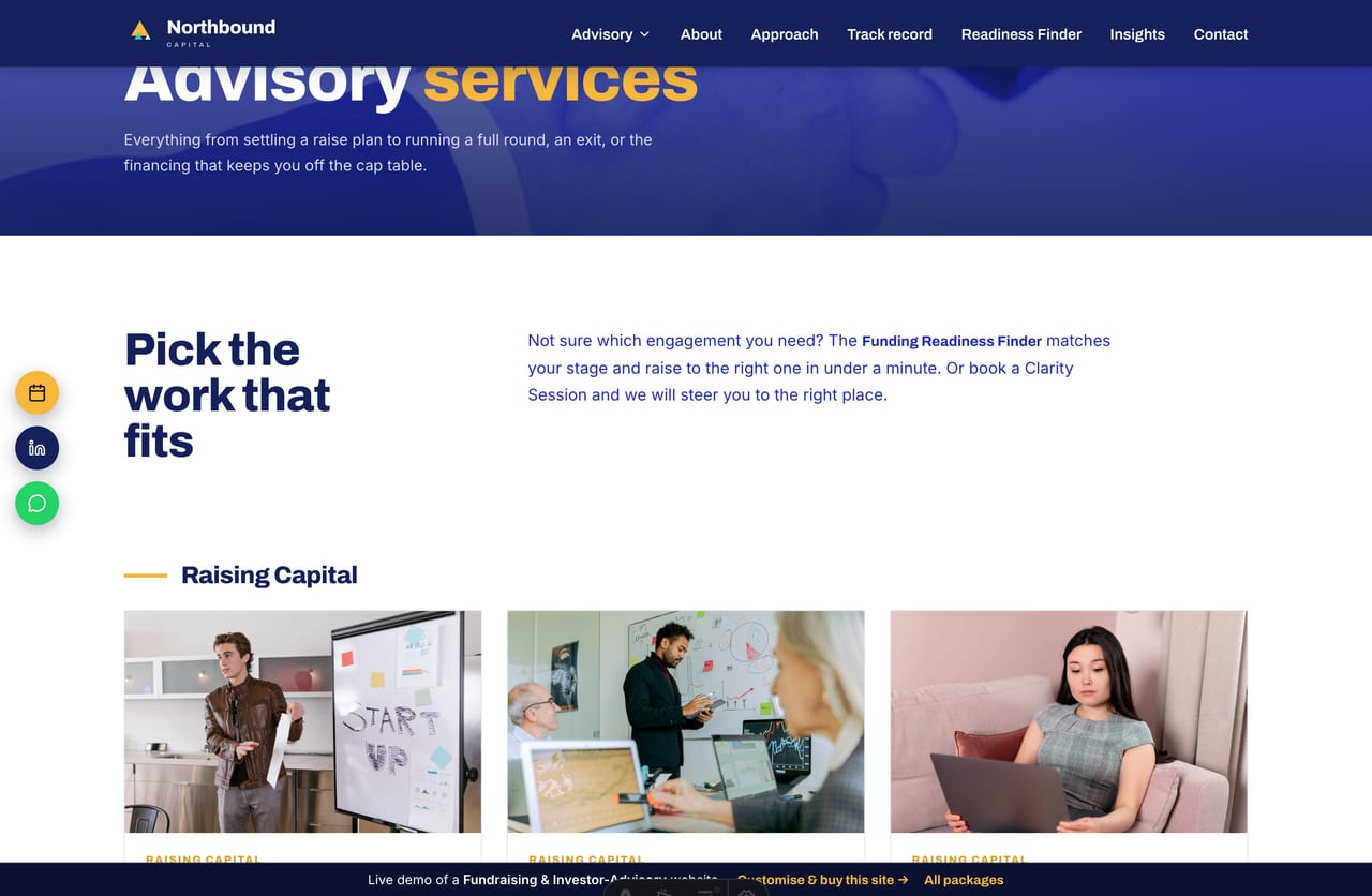 Advisory services index on a Singapore corporate-finance firm website