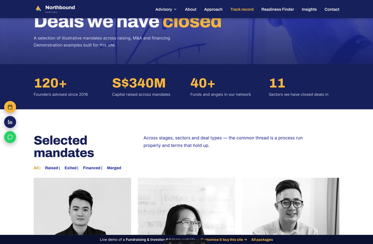 Track-record page of closed deals on a corporate-finance advisory website in Singapore