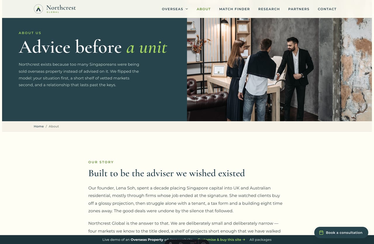 About / how-we-work page on the Northcrest Global overseas property advisory demo