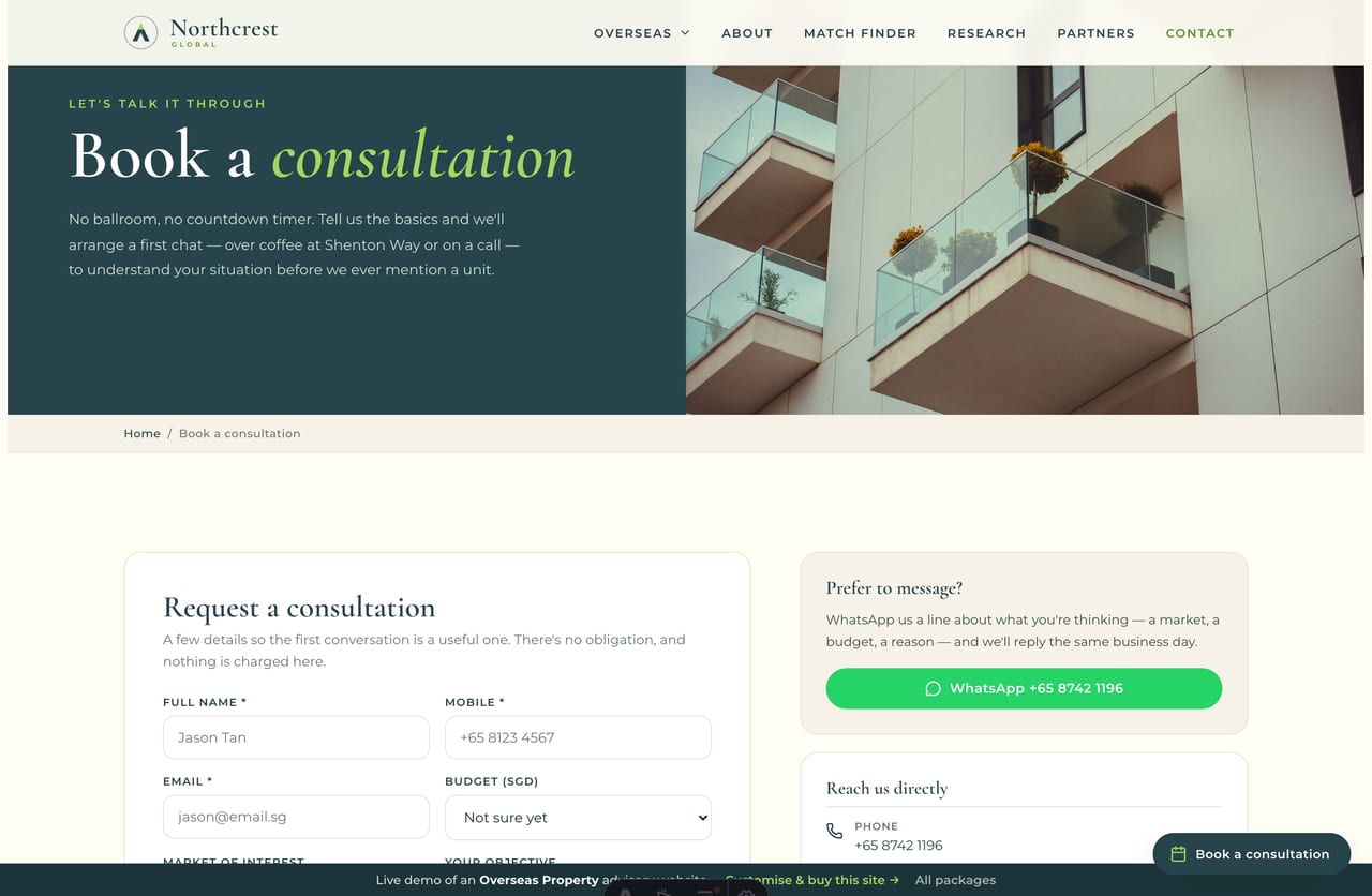 Consultation booking form on a Singapore overseas property advisory website