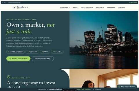 Overseas property advisory website homepage demo — split green hero, market pills and a curated-properties grid (Singapore)