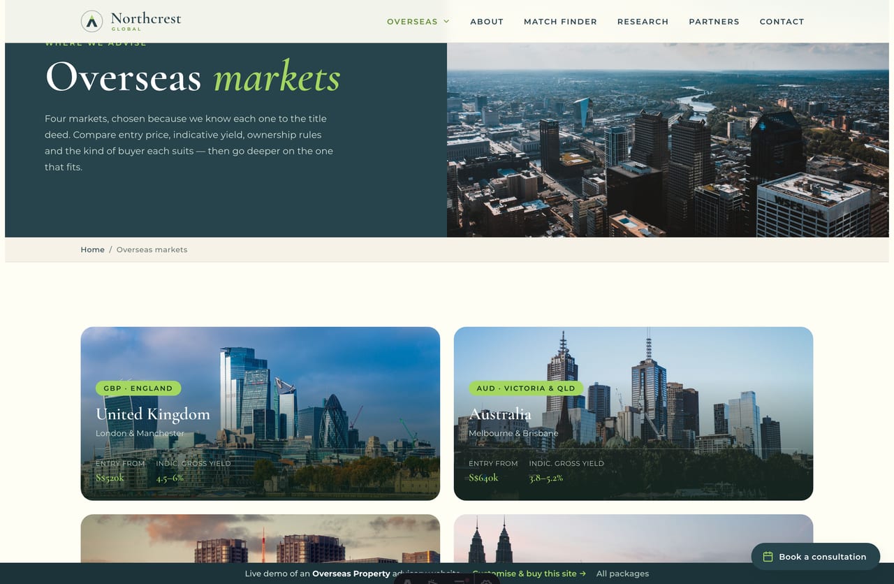 Overseas markets listing page comparing the UK, Australia, Japan and Malaysia for Singapore buyers