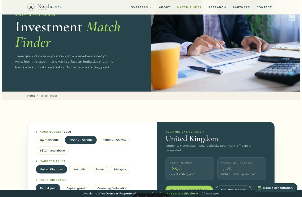 Investment Match Finder tool on an overseas property advisory website for Singapore investors