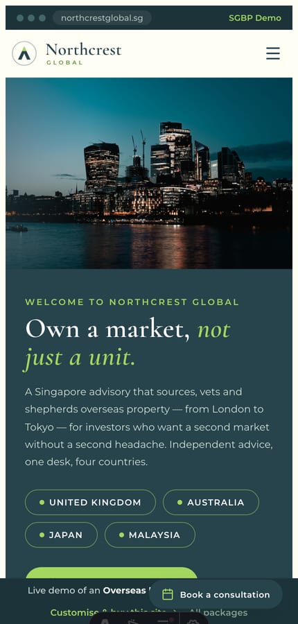 Mobile view of the Northcrest Global overseas property advisory website
