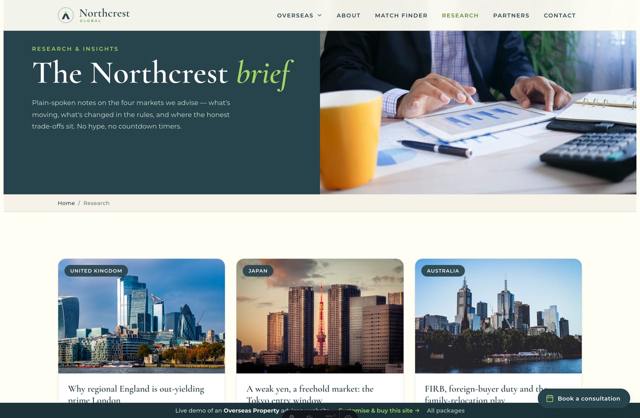 Research and insights hub on a Singapore overseas property advisory website